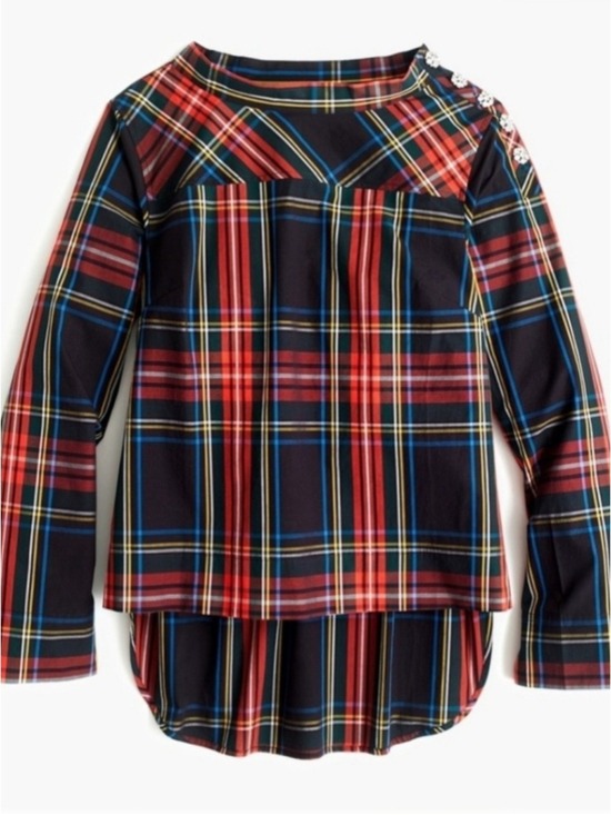 J. Crew Tops - J. Crew Funnelneck Shirt in Stewart Tartan with Jeweled Buttons Women's Size 00